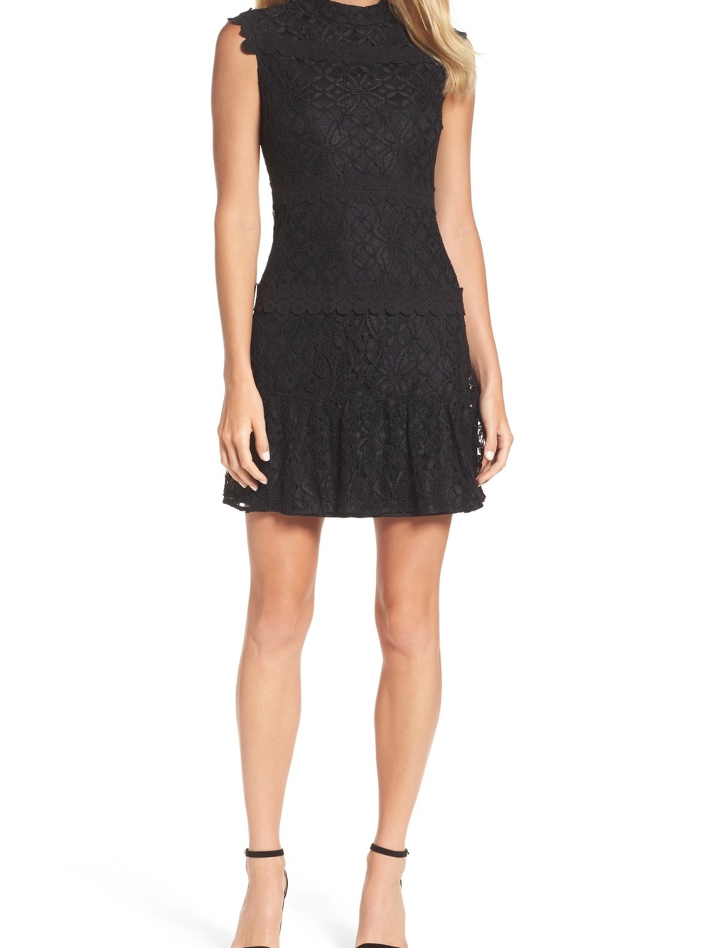 julia jordan Black Floral Lace Short Cap Sleeve High Neck Mini Dress 6